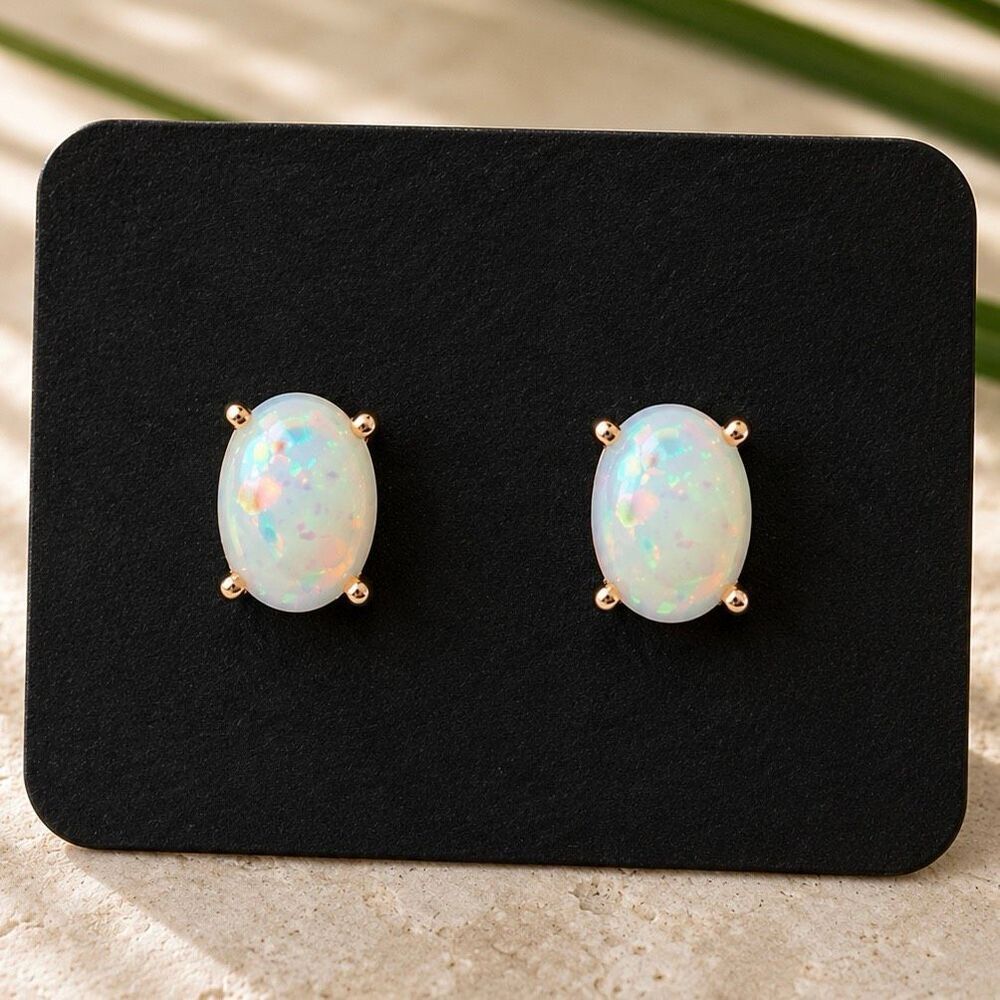 White Fire Faux Opal Oval Stud Earrings Unisex